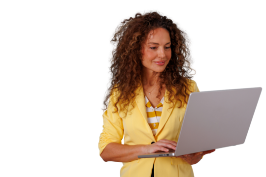 Professional businesswoman in yellow blazer working on laptop, managing business remotely, smiling, transparent background