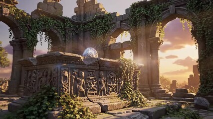 Ancient stone ruins with carved sarcophagus and glowing orb surrounded by ivy and sunset light for fantasy illustrations, gaming assets, history blogs, book covers, digital art, and concept design