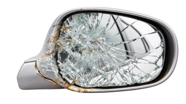 Damaged broken car side mirror with shattered cracked glass and rust detail illustrating accident concept vehicle repair safety and transportation issues on white background