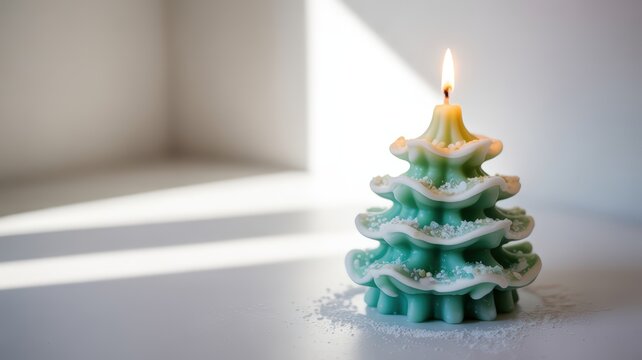 Christmas. Green Christmas tree-shaped candle with a lit flame, surrounded by soft white snow, casting gentle shadows on a bright surface, creating a warm holiday ambiance