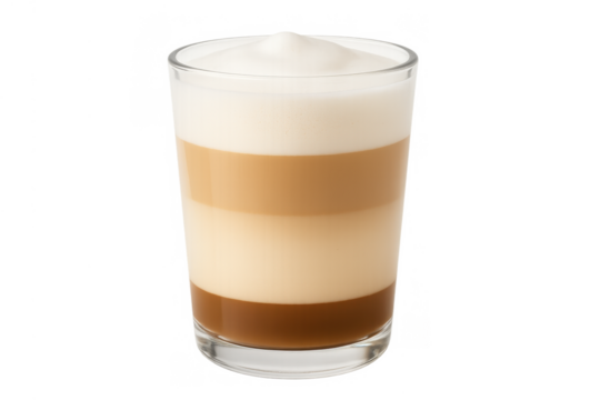 Layered coffee drink creating a beautiful gradient with milk, espresso and foam, transparent background