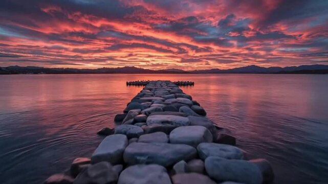 Rock pathway into a tranquil lake under a vibrant colorful sunset