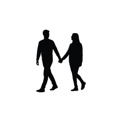 Silhouette of a man and woman holding hands while walking on a white background in a romantic gesture