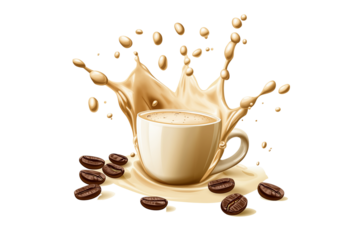 Vector Coffee Splash with Milk and Beans Transparent Background