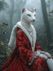 Naklejka premium In an enchanting, magical forest, a majestic white cat is adorned in exquisite royal attire and a sparkling crown
