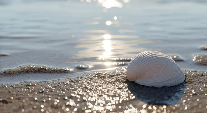 Close-up shot of clean round shell on sandy beach with sparkling water in background. This image features a delicate shell illuminated by sunlight, symbolizing nature's beauty and coastal serenity. - Powered by Adobe
