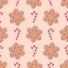 Seamless pattern with gingerbread cookie in form of snowflake decorated of sugar icing and candy cane on a light beige background. Vector festive winter season background.