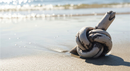 Obraz premium Close-up of a clean driftwood knot resting on a radiant beach with sunlight shimmering on water surface. Driftwood knot enhances beauty of sandy shore, creating a tranquil beach cleanup poster theme.
