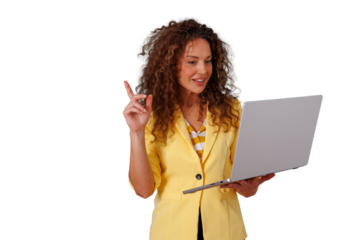 Woman in yellow blazer having a virtual meeting, presenting ideas, making an online education or business video call