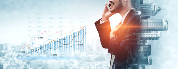 Business professional engaged on smartphone with a financial graph, highlighting communication, success, and innovation in a modern corporate environment. Scalp