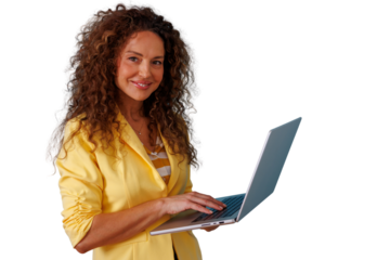 Businesswoman with curly hair smiling and looking at camera, using a laptop for work, managing online tasks. Transparent background