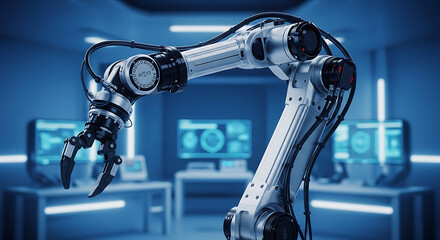 Robotic arm in a futuristic laboratory setting with computer screens and blue lighting effect ai generated