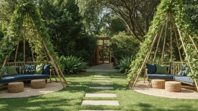 Two teepeelike seating areas flank a stone path in a lush garden setting