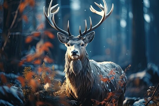 colorful wild deer in woods, winter sunlight
