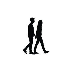 A silhouette of a man and woman walking hand in hand against a plain white background in a simple image