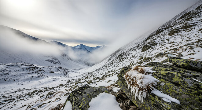 Snowy Mountain Landscape with Dramatic Clouds and Rocky Terrain.