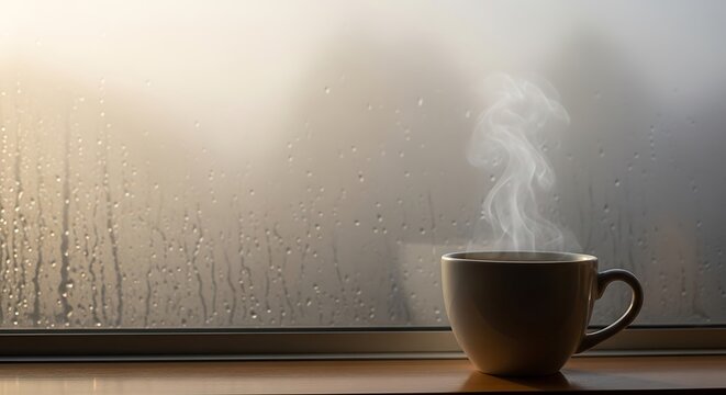 A steaming cup of coffee sits on a windowsill with a rainy view on a foggy morning in the winter time - Powered by Adobe