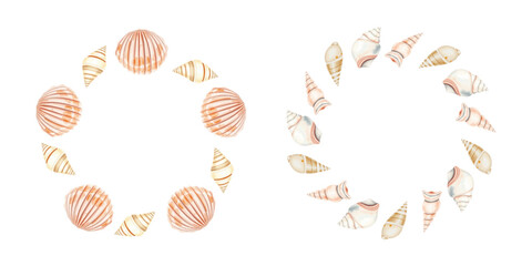 Watercolor seashells of different shapes and sizes arranged in a round frame. nautical decoration, soft pastel colors, marine details, isolated on white background, vector, for greeting cards 