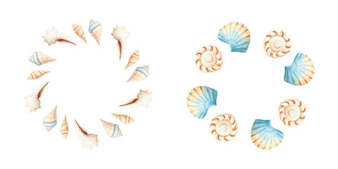Watercolor seashells of different shapes and sizes arranged in a round frame. nautical decoration, soft pastel colors, marine details, isolated on white background, vector, for greeting cards 