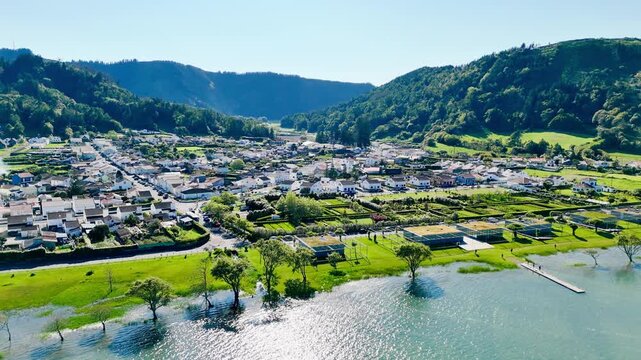 Aerial panorama of Sete Cidades community and rural roads within the crater landscape, Azores, Portugal