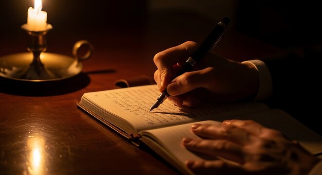 A person writing in a journal with a fountain pen next to a candle in a dark room with warm light - Powered by Adobe