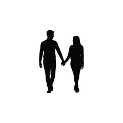 A silhouette of a man and woman walking hand in hand against a plain white background in a simple image