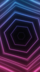 Abstract futuristic glowing neon hexagon tunnel with radiant light gradients creating digital geometric symmetry