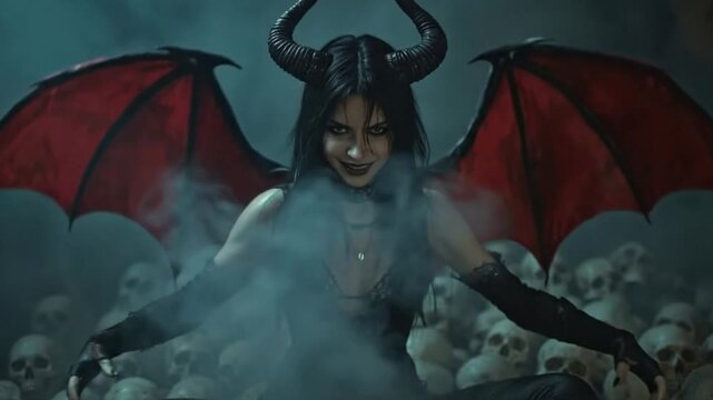 Woman with horns  wings shrouded in smoke sits amidst skulls