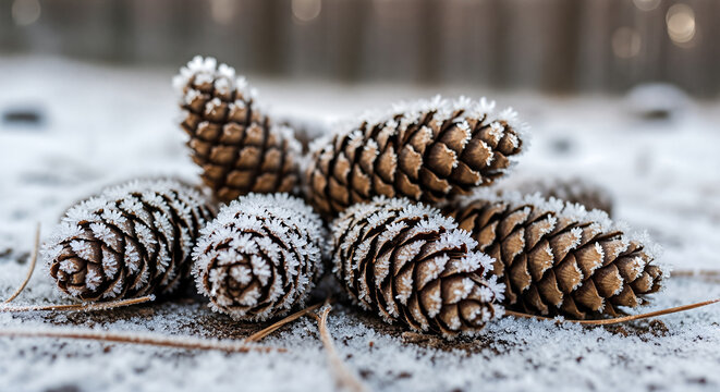 Close up of pine cones covered in frost on the ground in a winter forest.