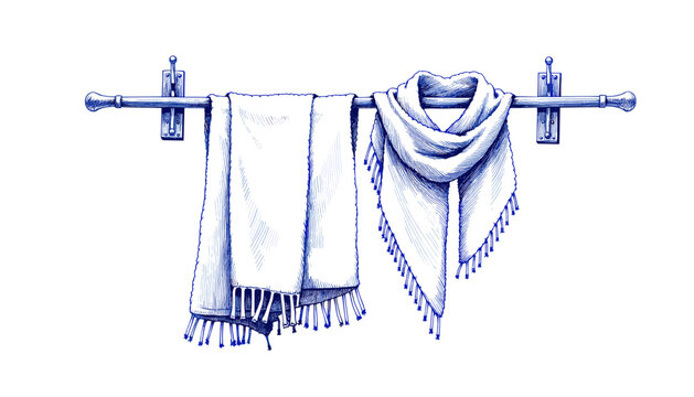 Vintage sketch of wool scarf on hook in blue ink  