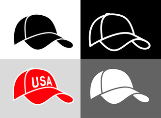 Baseball cap icon. A clothing accessory with a visor. Popular sports headwear. An attribute of a baseball player, athlete, or sportswear. Raster icon.
