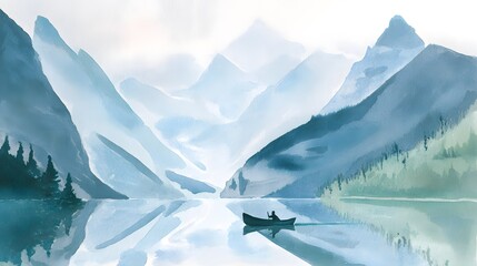 Serene mountain lake reflection tranquil landscape art peaceful canoe drifting watercolor illustration