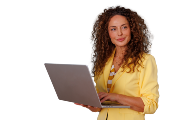 Businesswoman standing and holding laptop, working on a digital device, professional woman looking away, transparent background