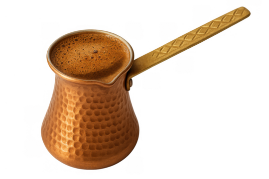 Traditional turkish coffee brewing tool, copper cezve, preparing hot drink with foam, transparent background