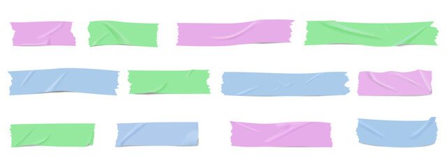 Fototapeta premium A set of multicolored adhesive tape. Realistic vector transparent adhesive strips in red, green, and blue. Torn and straight crumpled pieces of painter's tape for notes and fixing, isolated on a white
