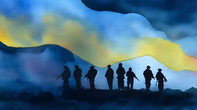 Ukrainian Resolve Watercolor Illustration of Soldiers Against a Flowing Flag Backdrop