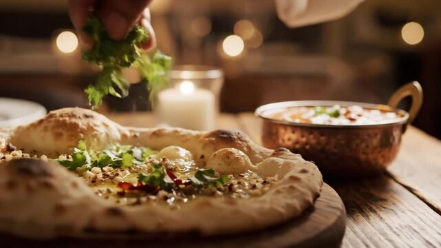 Savory pizza being freshly prepared with herbs and toppings in cozy restaurant
