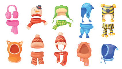 Kids winter beanie. Children warm hats and scarf, child cap hat with pompon earmuffs knit woolen headwear earflaps baby christmas or autumn head wear, set neat vector illustration