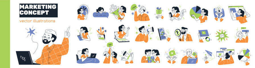 Social media marketing. Business startup digital promotion campaign, creative post online advertising internet mobile phone app design outline icon set classy vector illustration