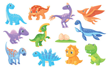 Cartoon dinosaurs. Dino cute baby characters, dinosaur raptor trex tyrannosaurus pterodactyl triceratops jurassic period animal childish toy prehistoric, neat vector illustration © ssstocker