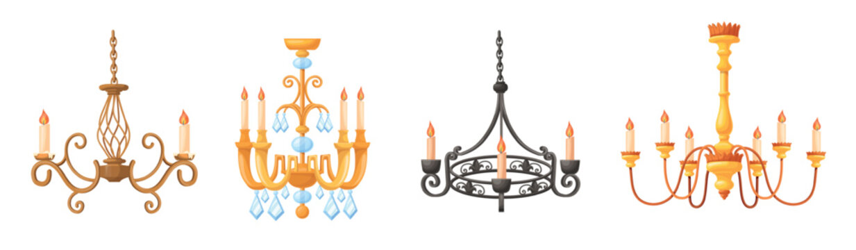 Cartoon vintage chandeliers. Classic chandelier with candles, gold candlestick hanging ceiling with crystals antique old lamp for medieval castle interior, neat vector illustration