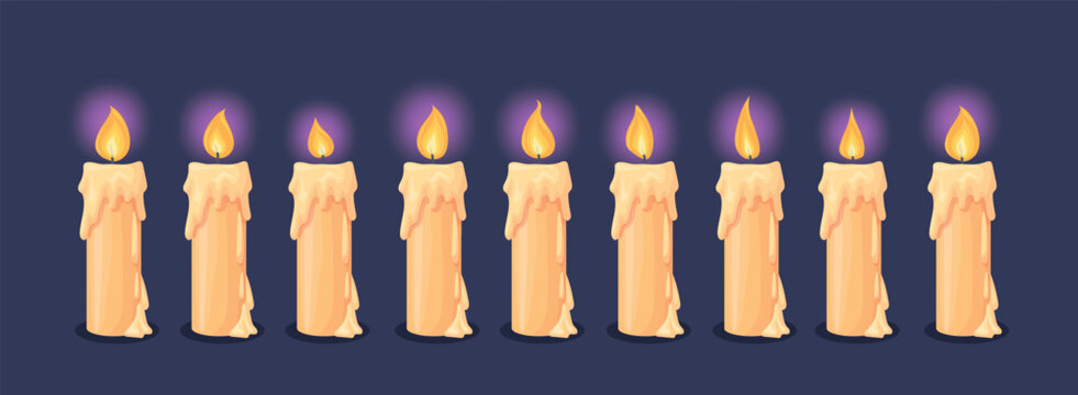Candle flame animation. Candlelight burning wax fire animation, 2d video game sprite sheet movement flickering sequence step cartoon candles stage loop, neat vector illustration