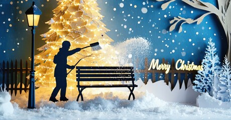 Fototapeta premium Winter scene depicts person clearing snow near festive tree, bench. Snowy landscape, illuminated streetlamp, holiday greeting visible.