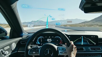 car dashboard with route display, digital cockpit illustrating route and speed on sunny highway, realistic vehicle interface showcasing route guidance and speed in bright desert environment - Powered by Adobe