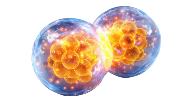 Scientific illustration of glowing biological cell dividing with vibrant nucleus and membrane detail showing mitosis, growth, reproduction and molecular activity on white background
