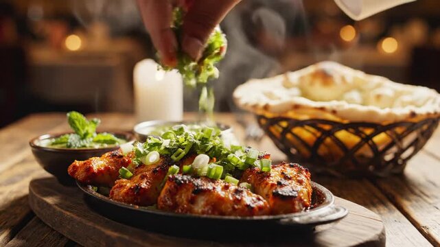 Delicious grilled chicken being garnished with fresh herbs and served hot in a