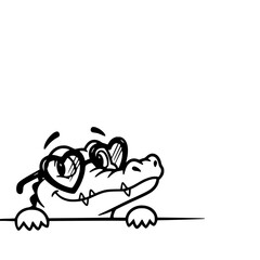 Naklejka premium A cute cartoon crocodile wearing heart-shaped glasses smiles, spreading love with its charming expression. vector illustration