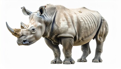 Obraz premium Realistic rhinoceros with wrinkled skin and two horns standing on a white background.