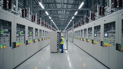 industrial engineer conducts safety and performance assessment of electrical panels, professional inspects switchgear and control units ensuring adherence to safety and operational standards