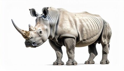 Obraz premium Realistic rhinoceros with wrinkled skin and two horns standing on a white background.